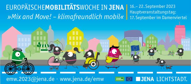 Grafik mit Silouette von Jena auf blauem Hintergrund. Im Vordergrund Edda und Edgar die Maskottchen der Europäischen Mobilitätswoche, die unterschiedlich mit unterwegs sind: zu Fuß, mt dem Fahrrad, dem Rollstuhl, dem Scatboard, mit Hund, etc