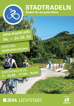 Plakat STADTRADELN in Jena 2020, Radweg Gries, im Hintergrund der Jenzig