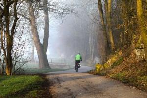 Radfahrer von hinten mit NEongrüner Jacke auf einem Weg seitliche Bäume und rechts ein Hang