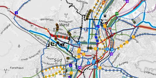 Kartenausschnitt Stadtplan Jena mit eingezeichneten symbolisierten Maßnahmen des Radverkehrsplans Jena 2035+