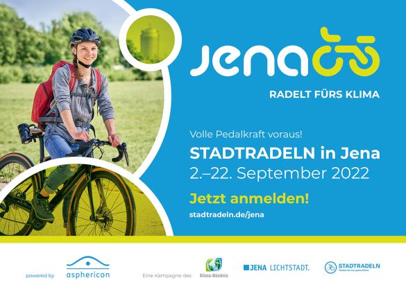 Plakat zum STADTRADELN in Jena vom 02.09.-22.09.2022 Bild von Junger Frau auf dem Fahrrad und graphische Gestaltung