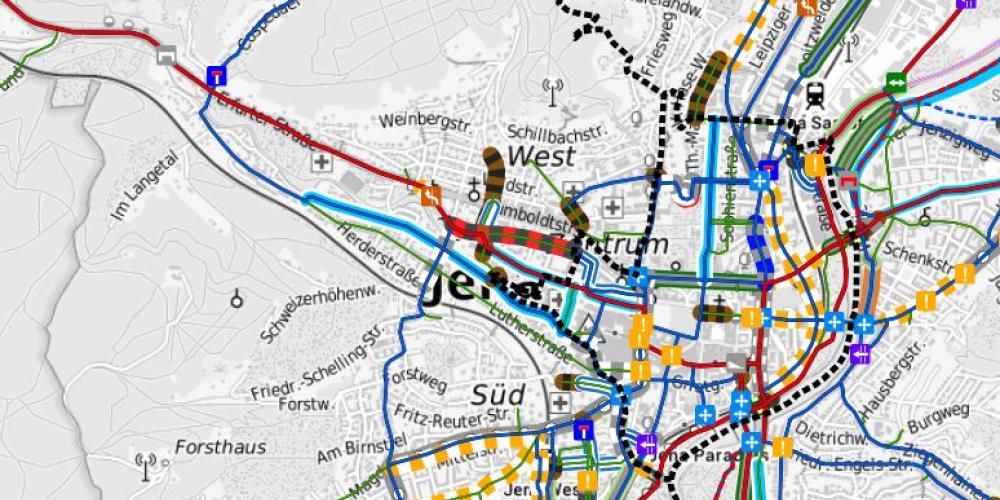 Auszug aus der Kartendarstellung der Grobmaßnahmen zum Radverkehrsplan Jena 2035+