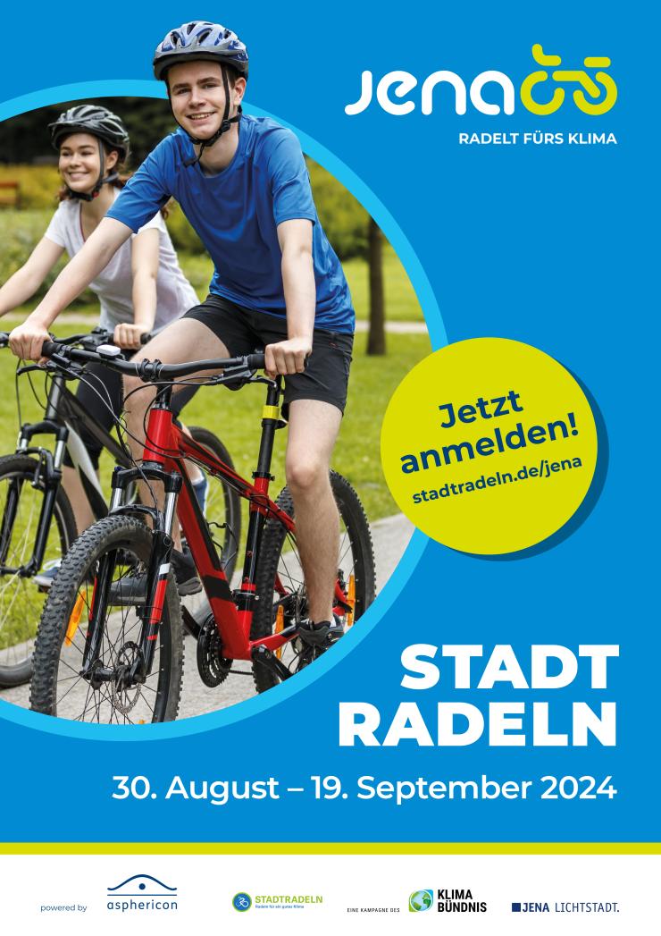 Plakat mit Schriftzug STADTRADELN Jena 2024 mit 2 Jugendlichen auf Mountainbikes (Text siehe Volltextalternative)