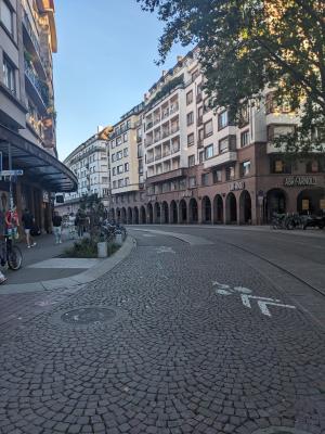 Blick in eine Straße in der Sadt, beidseitig mehrgeschossige Häuser, Kopfsteinpflaster, rechts Straßenbahnschienen, mit weißer Markierung aufgebrachte Radverkehrsführung