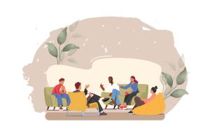 Zeichnung einer Gesprächsrunde mit Menschen unterschiedlicher Hautfarbe, sprechend, gestikulierung. SIe sitzen auf ofas und Sesseln, im Hintergrund sind Pflanzen angedeutet