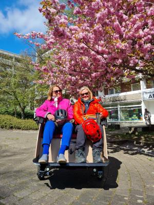 Im Vordergrund sitzen zwei farbenfroh gekleidete ältere Damen in einer Fahrradrikscha. Sie haben beide einen Fahrradhelm auf dem Schoß. Im Hintergrund Häuser und ein großer rosa blühender Baum.