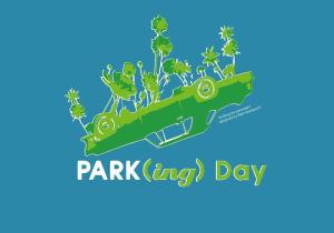 Als Comic; Ein grünes Auto auf dem Dach liegend, es wachsen daraus Pflanzen und Bäume, darunter steht PARK ( ing) Day