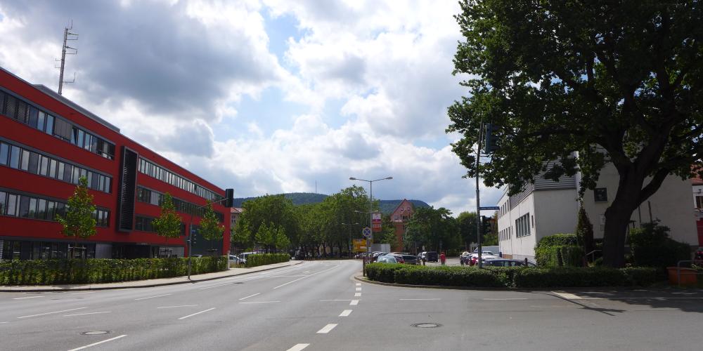 Kreuzung Am Anger / Käthe-Kollwitz-Straße gesehen vo n Norden aus, großer geschützter Baum auf der rechten Bildseite, Jahreszeit: Sommer