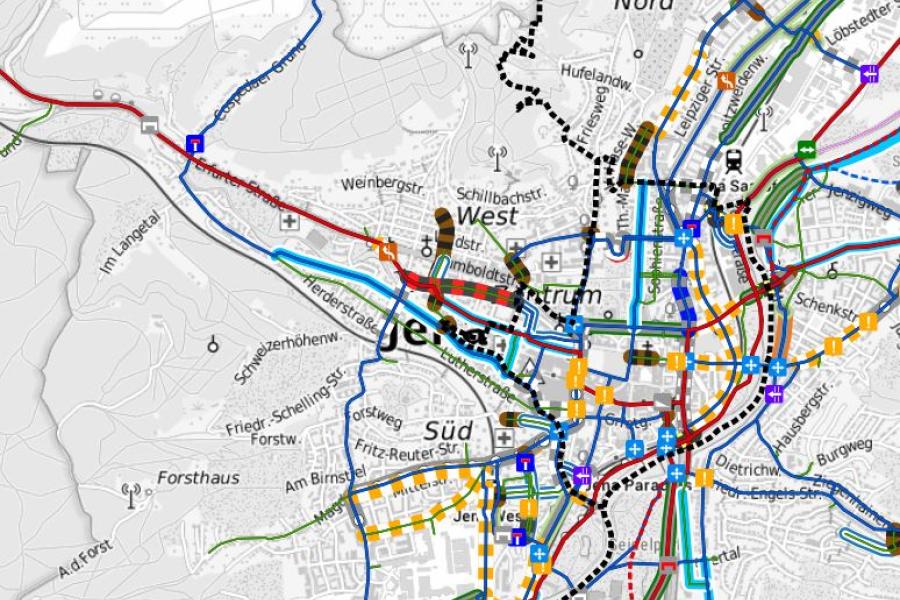 Auszug aus der Kartendarstellung der Grobmaßnahmen zum Radverkehrsplan Jena 2035+